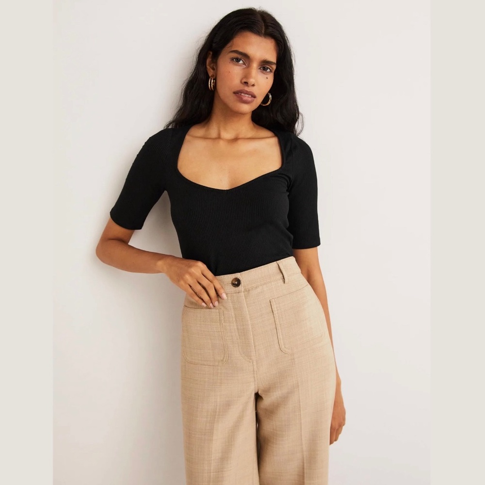 Boden Short Sleeve Sweetheart Rib Top, Size S, in Black